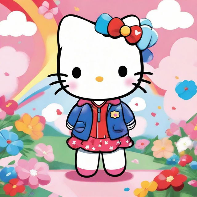 A cute and adorable Hello Kitty character wearing a stylish jacket