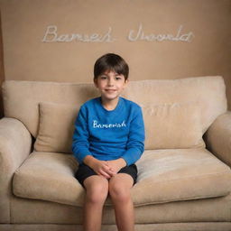 A young boy comfortably sitting on a luxurious, plush sofa. In the background, 'Baresh World' is tastefully written.