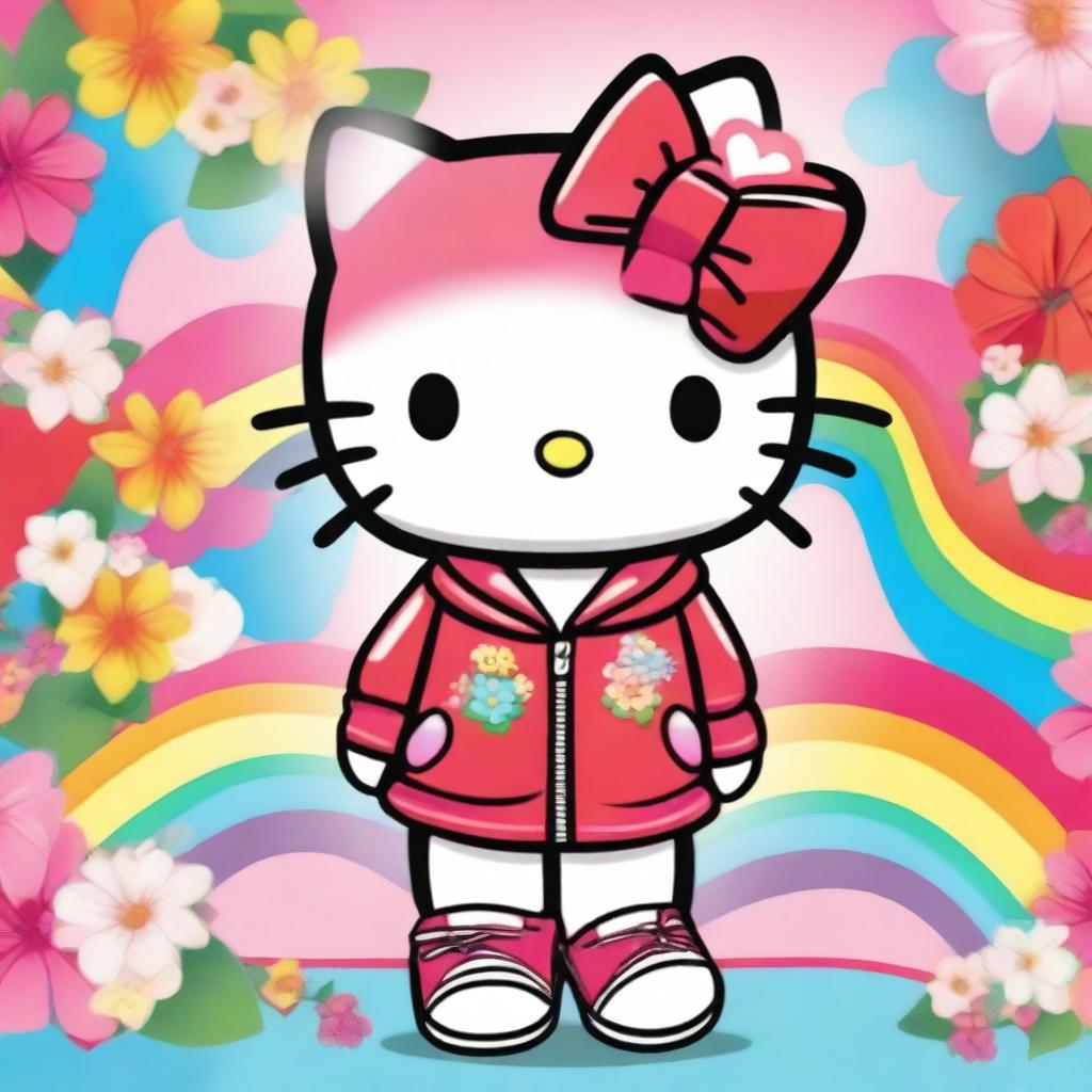 A cute and adorable Hello Kitty character wearing a stylish jacket and tennis shoes