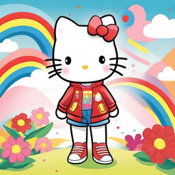 A cute and adorable Hello Kitty character wearing a stylish jacket and tennis shoes