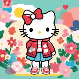 A cute and adorable Hello Kitty character wearing a stylish jacket and tennis shoes