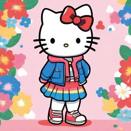 A cute and adorable Hello Kitty character wearing a stylish jacket and tennis shoes