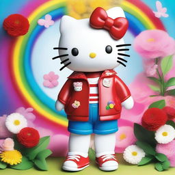 A realistic depiction of Hello Kitty wearing a stylish jacket and tennis shoes