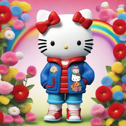 A realistic depiction of Hello Kitty wearing a stylish jacket and tennis shoes