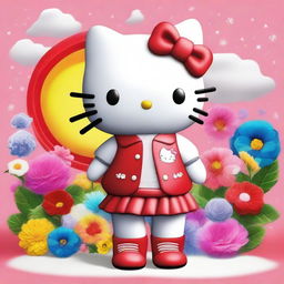 A realistic depiction of Hello Kitty wearing a stylish jacket and tennis shoes