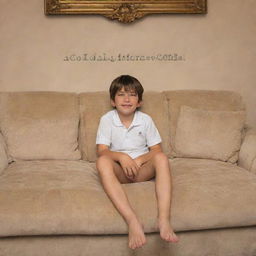 A young boy comfortably sitting on a luxurious, plush sofa. In the background, 'Baresh World' is tastefully written.