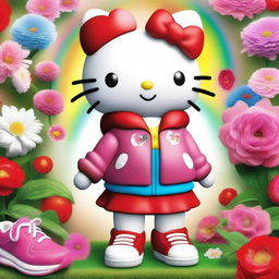 A realistic depiction of Hello Kitty wearing a stylish jacket and tennis shoes