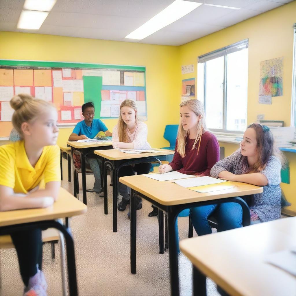 A bright and aesthetically pleasing classroom with six students and one female teacher with blonde hair