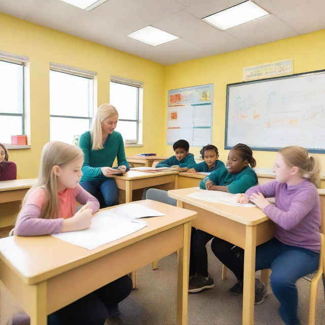 A bright and aesthetically pleasing classroom with six students and one female teacher with blonde hair