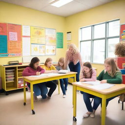 A bright and aesthetically pleasing classroom with six students and one female teacher with blonde hair