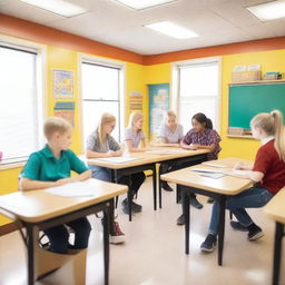 A bright and aesthetically pleasing classroom with six students and one female teacher with blonde hair