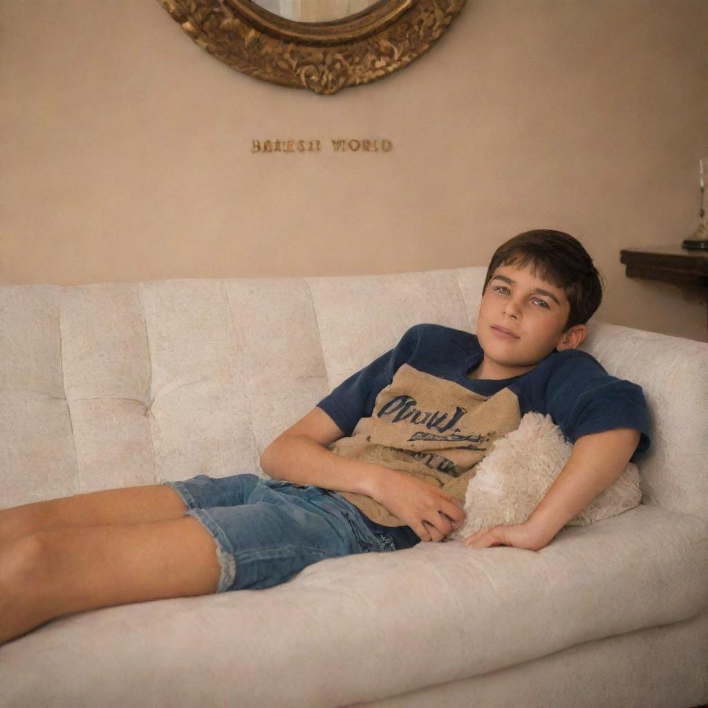 A young boy comfortably sitting on a luxurious, plush sofa. In the background, 'Baresh World' is tastefully written.