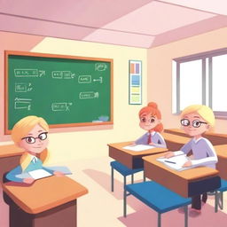 A bright and aesthetically pleasing animated classroom with six students and one female teacher with blonde hair