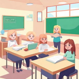 A bright and aesthetically pleasing animated classroom with six students and one female teacher with blonde hair