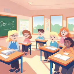 A bright and aesthetically pleasing animated classroom with six students and one female teacher with blonde hair