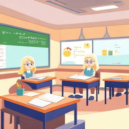 A bright and aesthetically pleasing animated classroom with six students and one female teacher with blonde hair