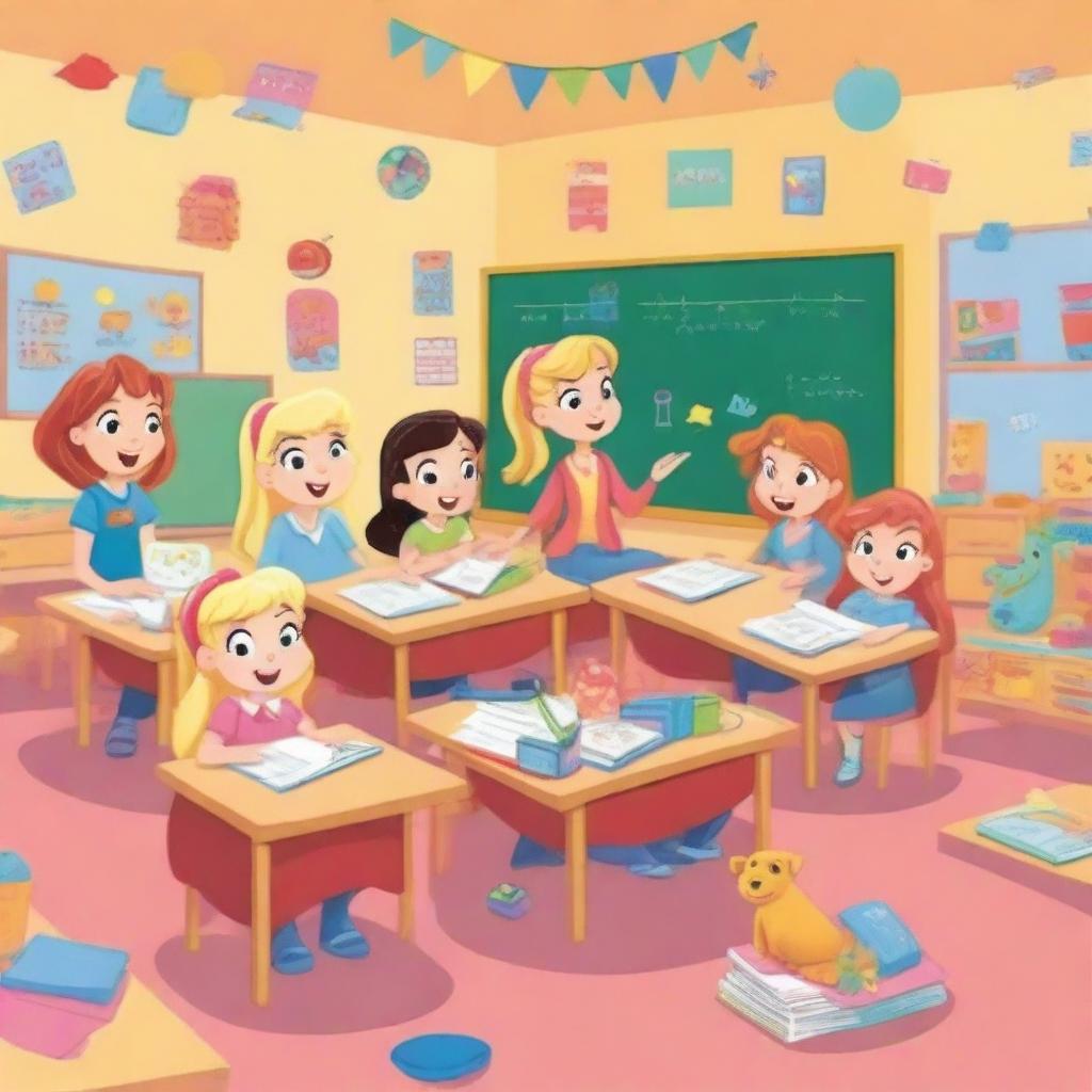 A bright and aesthetically pleasing cartoon-style classroom with six students and one female teacher with blonde hair