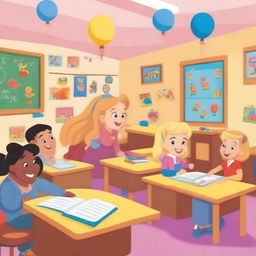 A bright and aesthetically pleasing cartoon-style classroom with six students and one female teacher with blonde hair