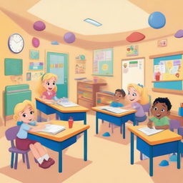 A bright and aesthetically pleasing cartoon-style classroom with six students and one female teacher with blonde hair