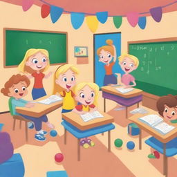 A bright and aesthetically pleasing cartoon-style classroom with six students and one female teacher with blonde hair