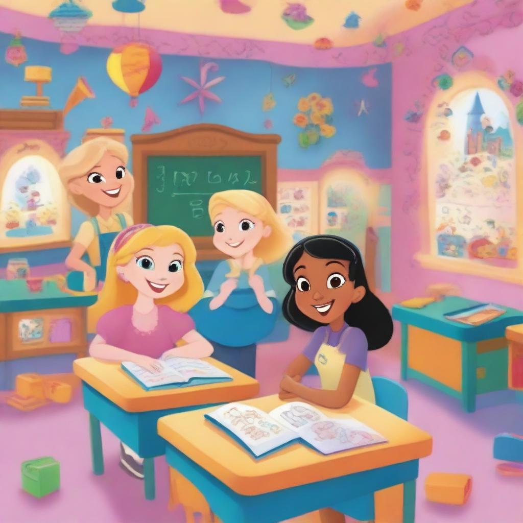 A bright and fantastical cartoon-style classroom with three main students and one female teacher with blonde hair