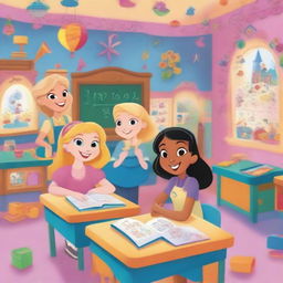 A bright and fantastical cartoon-style classroom with three main students and one female teacher with blonde hair