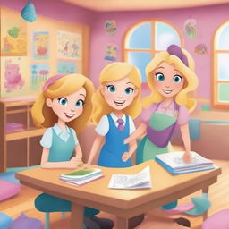 A bright and fantastical cartoon-style classroom with three main students and one female teacher with blonde hair