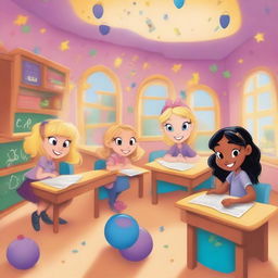 A bright and fantastical cartoon-style classroom with three main students and one female teacher with blonde hair