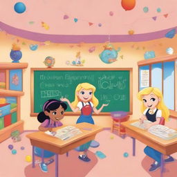 A bright and fantastical cartoon-style classroom with three main students and one female teacher with blonde hair