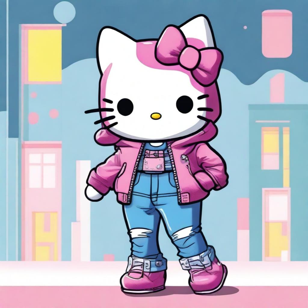 A cute image of Hello Kitty wearing jeans, a jacket, and with pink hair