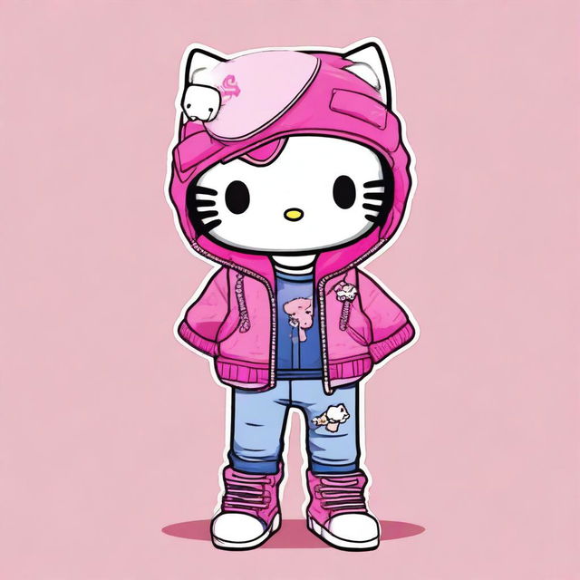 A cute image of Hello Kitty wearing jeans, a jacket, and with pink hair