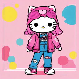 A cute image of Hello Kitty wearing jeans, a jacket, and with pink hair