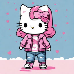 A cute image of Hello Kitty wearing jeans, a jacket, and with pink hair