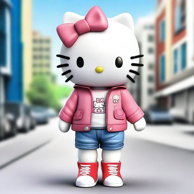 A realistic depiction of Hello Kitty wearing jeans, a jacket, and sneakers