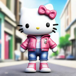 A realistic depiction of Hello Kitty wearing jeans, a jacket, and sneakers