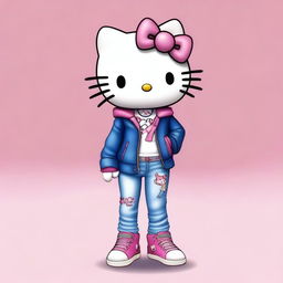 A realistic depiction of Hello Kitty wearing jeans, a jacket, and sneakers