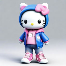 A realistic depiction of Hello Kitty wearing jeans, a jacket, and sneakers