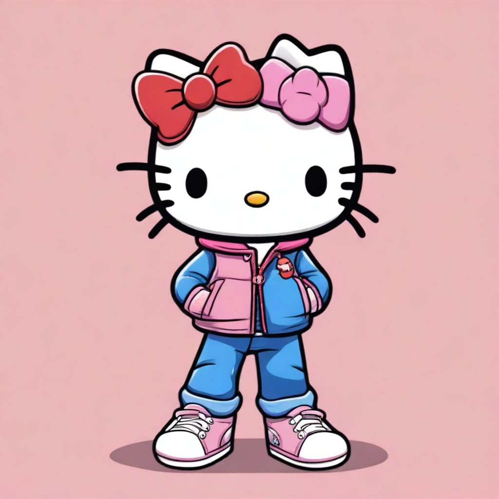 A cartoon-style image of Hello Kitty wearing jeans, a jacket, and sneakers, but with a realistic touch