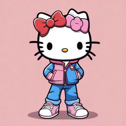 A cartoon-style image of Hello Kitty wearing jeans, a jacket, and sneakers, but with a realistic touch