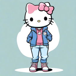 A cartoon-style image of Hello Kitty wearing jeans, a jacket, and sneakers, but with a realistic touch