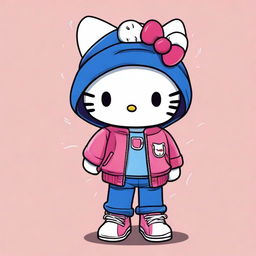 A cartoon-style image of Hello Kitty wearing jeans, a jacket, and sneakers, but with a realistic touch