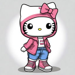 A cartoon-style image of Hello Kitty wearing jeans, a jacket, and sneakers, but with a realistic touch