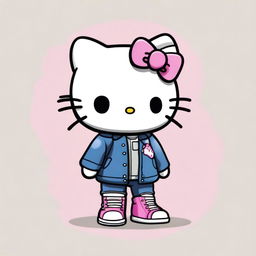 A realistic cartoon depiction of Hello Kitty wearing jeans, a jacket, and sneakers