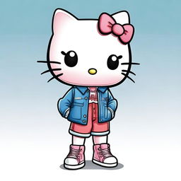 A realistic cartoon depiction of Hello Kitty wearing jeans, a jacket, and sneakers