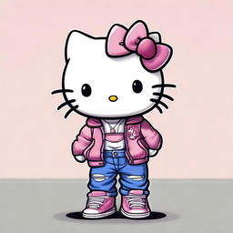 A realistic cartoon depiction of Hello Kitty wearing jeans, a jacket, and sneakers