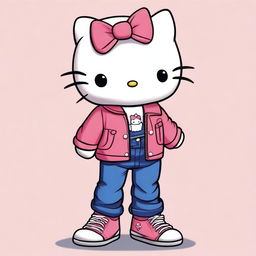 A realistic cartoon depiction of Hello Kitty wearing jeans, a jacket, and sneakers