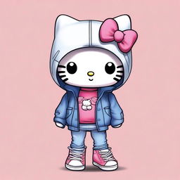 A realistic yet kawaii depiction of Hello Kitty wearing jeans, a jacket, and sneakers