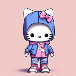 A realistic yet kawaii depiction of Hello Kitty wearing jeans, a jacket, and sneakers