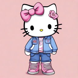 A realistic yet kawaii depiction of Hello Kitty wearing jeans, a jacket, and sneakers