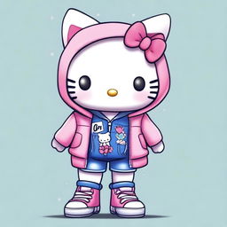 A realistic yet kawaii depiction of Hello Kitty wearing jeans, a jacket, and sneakers